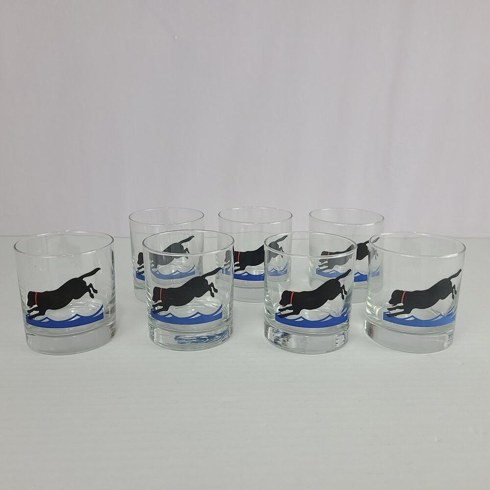 Black Lab Lowball Glasses Set of 7 Diving Dog Labrador Drinking Glasses Vintage